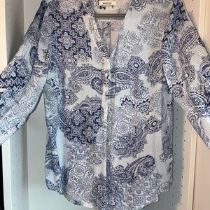 Elegant Blue and White Paisley Blouse